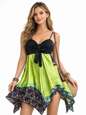 Angela Boho Handkerchief Hem Festival Dress Bust Tie Patchwork Print Y2K small?